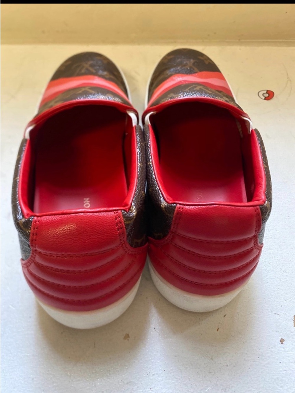 Louis Vuitton Brown Monogram Slip-Ons with Red and Pink Diagonal Stripes - Picture 2 of 5